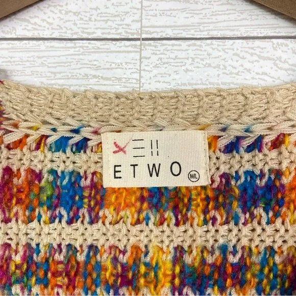 ETWO Rainbow Cropped Sweater Colorful Fringe Medium Large Boho - Picture 3 of 4
